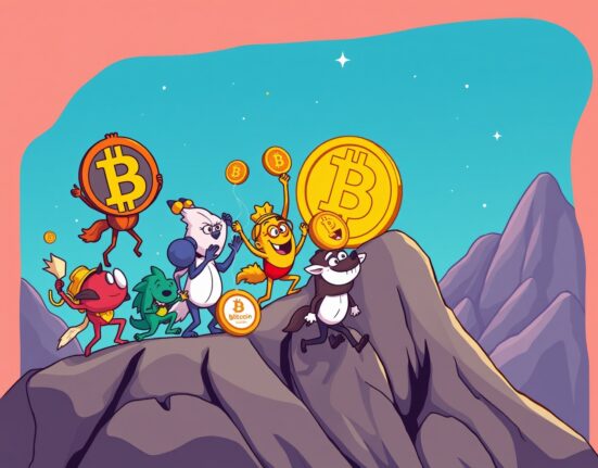 A cartoon illustration showing altcoins outperforming Bitcoin as the Altcoin Season Index rises, signaling potential market shifts towards an Altcoin Season.