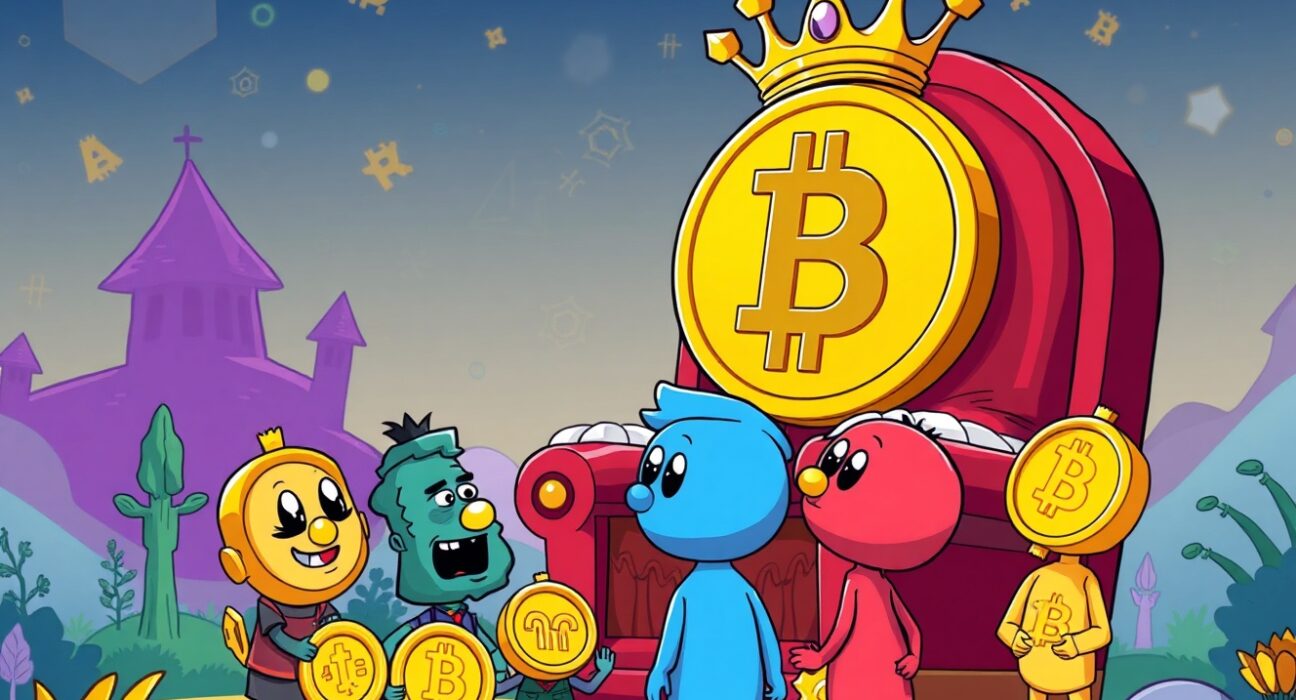 A vibrant cartoon illustrating the dominant Bitcoin king overshadowing smaller altcoins, representing the current Altcoin Season Index reading.