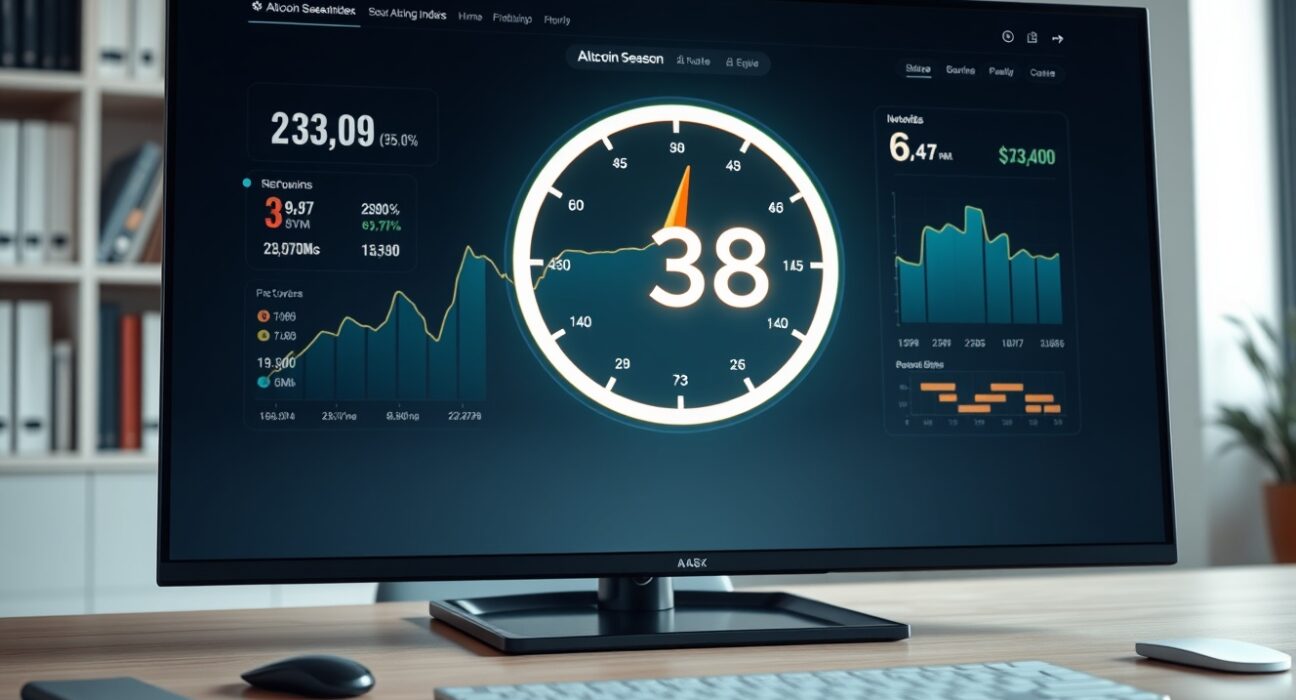 Analytical dashboard showing the Altcoin Season Index at 38, indicating current crypto market conditions.