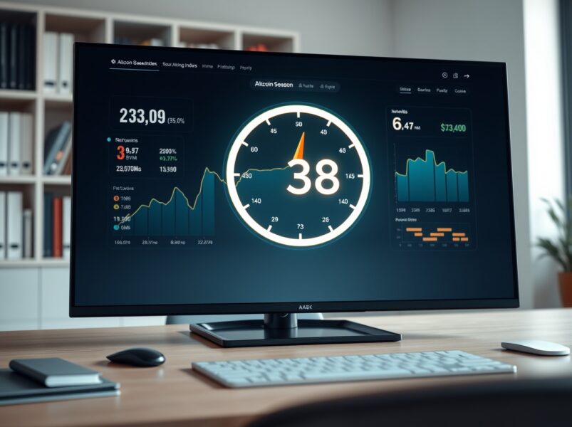 Analytical dashboard showing the Altcoin Season Index at 38, indicating current crypto market conditions.