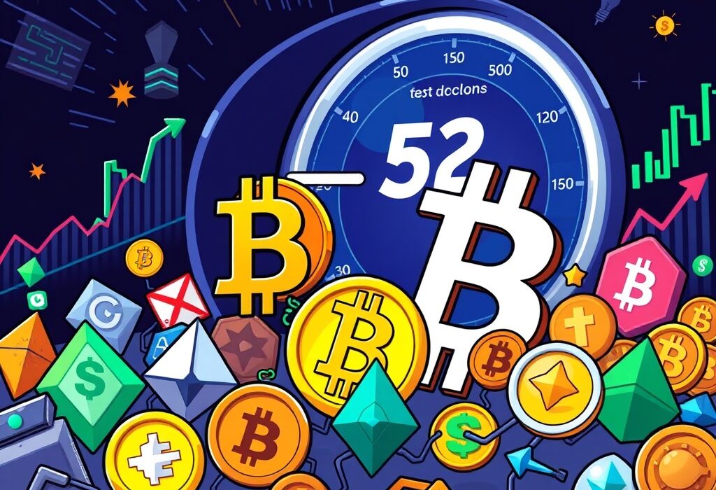 A cartoon illustration showing altcoins competing with Bitcoin, reflecting the current state of the Altcoin Season Index and market dynamics.