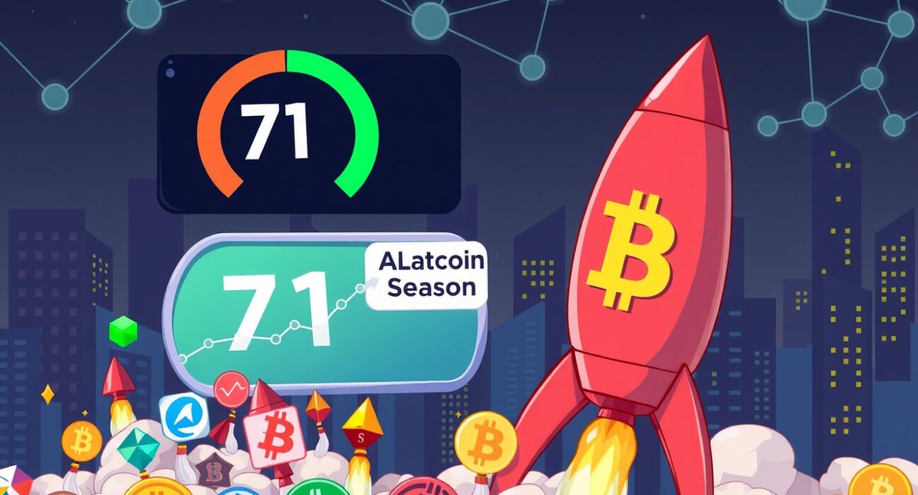 Cartoon illustration showing the Altcoin Season Index at 71, indicating altcoins' performance relative to Bitcoin for investors.