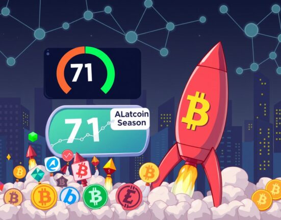 A cartoon illustration showing altcoins competing with Bitcoin, reflecting the current state of the Altcoin Season Index and market dynamics.