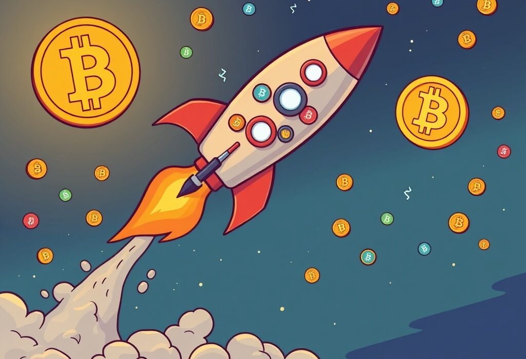 A vibrant cartoon illustration of a rocket launching with various altcoin logos, symbolizing the rising Altcoin Season Index and market growth.