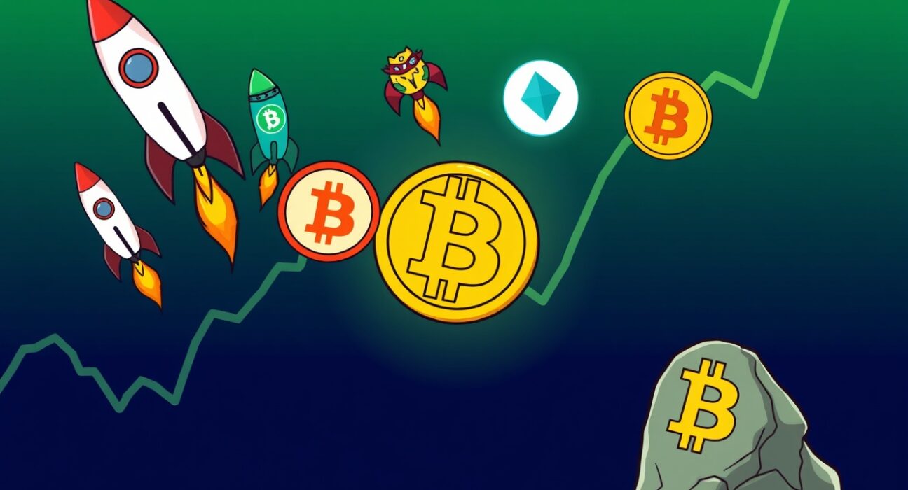 A vibrant cartoon depicting altcoins outperforming Bitcoin, symbolizing the rising Altcoin Season Index.