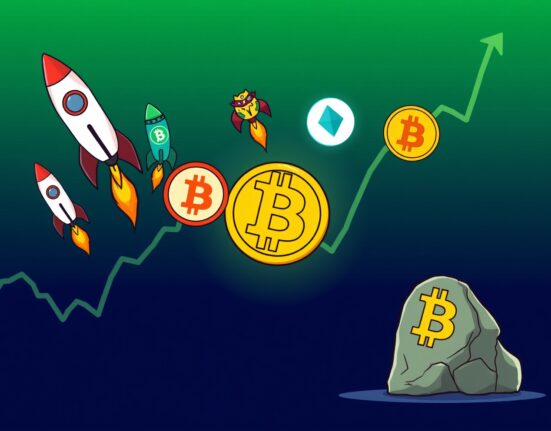 A vibrant cartoon illustration of a rocket launching with various altcoin logos, symbolizing the rising Altcoin Season Index and market growth.