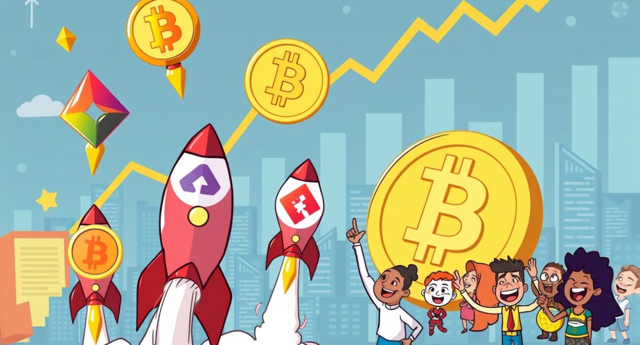 A cartoon illustration showing altcoins rising on rockets, symbolizing the Altcoin Season Index surging and altcoins outperforming Bitcoin.