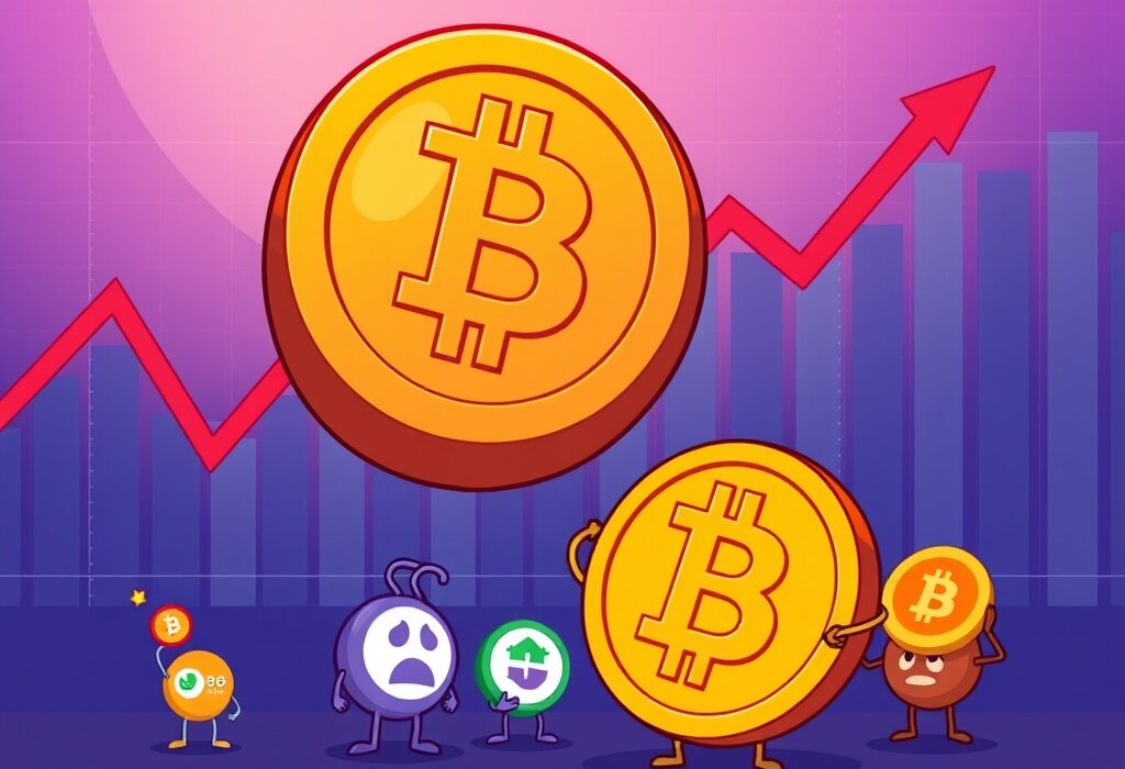 A cartoon illustration showing Bitcoin dominating, reflecting the current Altcoin Season Index and market trends.