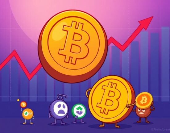 A cartoon illustration showing Bitcoin dominating, reflecting the current Altcoin Season Index and market trends.