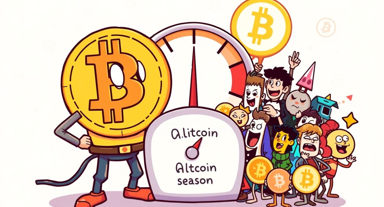 A cartoon illustration showing the Altcoin Season Index gauge pointing to 27, signifying a Bitcoin-dominated market, crucial for crypto investors.