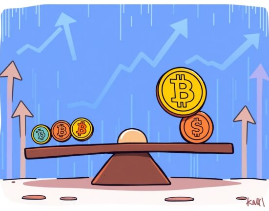 A cartoon illustration showing the Altcoin Season Index indicating Bitcoin's dominance over altcoins in the crypto market.