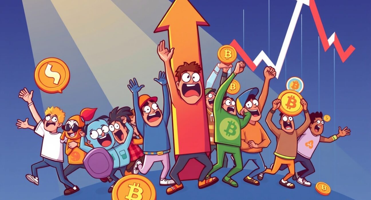 A cartoon illustration showing altcoins rising despite a falling market index, symbolizing the enduring altcoin season.