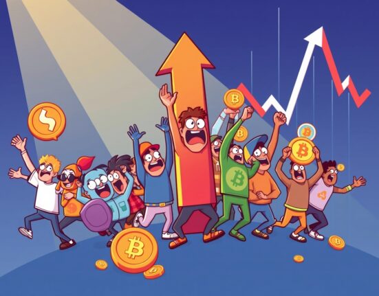 A cartoon illustration showing altcoins rising despite a falling market index, symbolizing the enduring altcoin season.