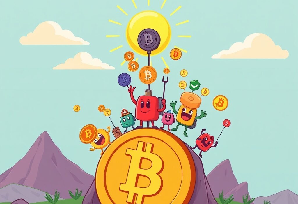 Cartoon illustration showing diverse altcoins rising, symbolizing the predicted altcoin season and new market opportunities.