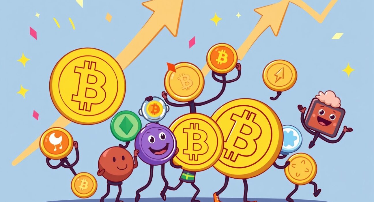 A vibrant cartoon showing altcoin season starting, with small, colorful altcoins outperforming a larger Bitcoin, signaling market growth.