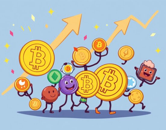 A vibrant cartoon showing altcoin season starting, with small, colorful altcoins outperforming a larger Bitcoin, signaling market growth.