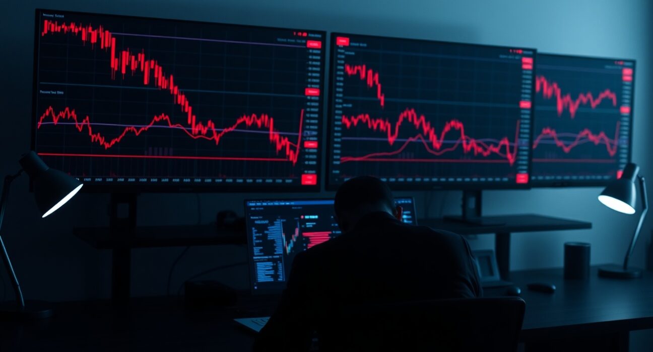 Dimly lit trading desk with monitors showing bearish altcoin charts and a trader's silhouette