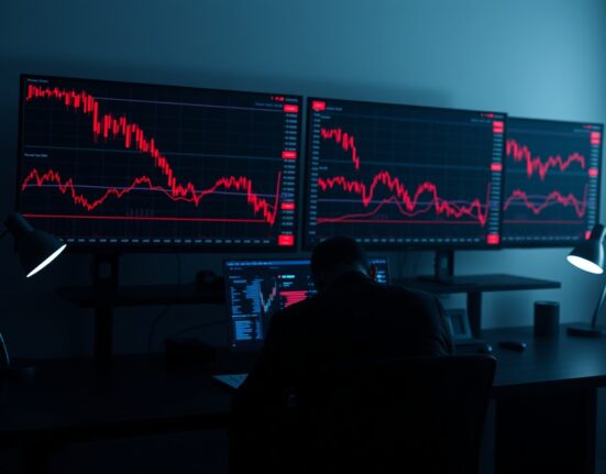 Dimly lit trading desk with monitors showing bearish altcoin charts and a trader's silhouette