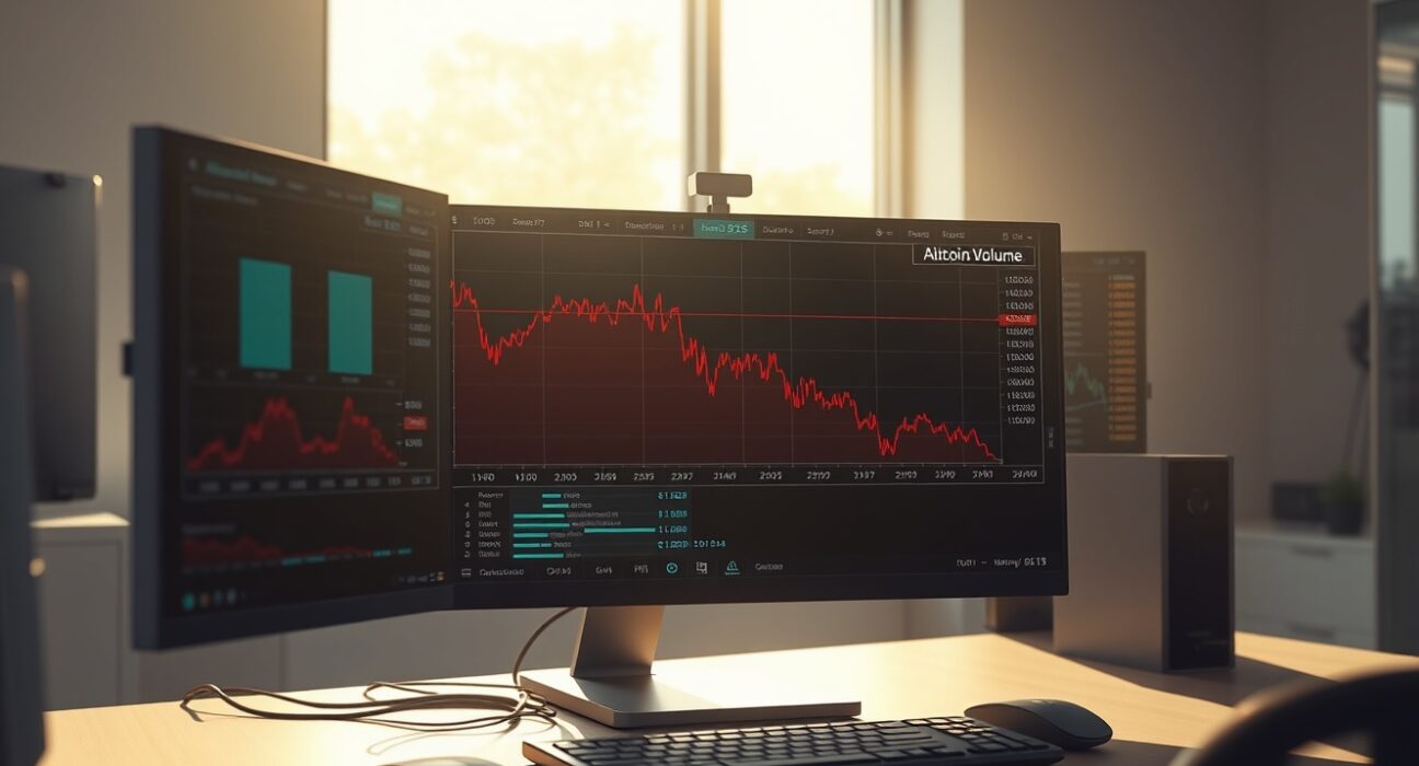 Declining altcoin trading volume shown on cryptocurrency exchange monitoring screens with analytical charts.