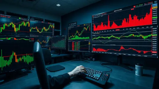 Trading desk with Bitcoin and altcoin price charts, illustrating altcoin volume running four times higher than Bitcoin's