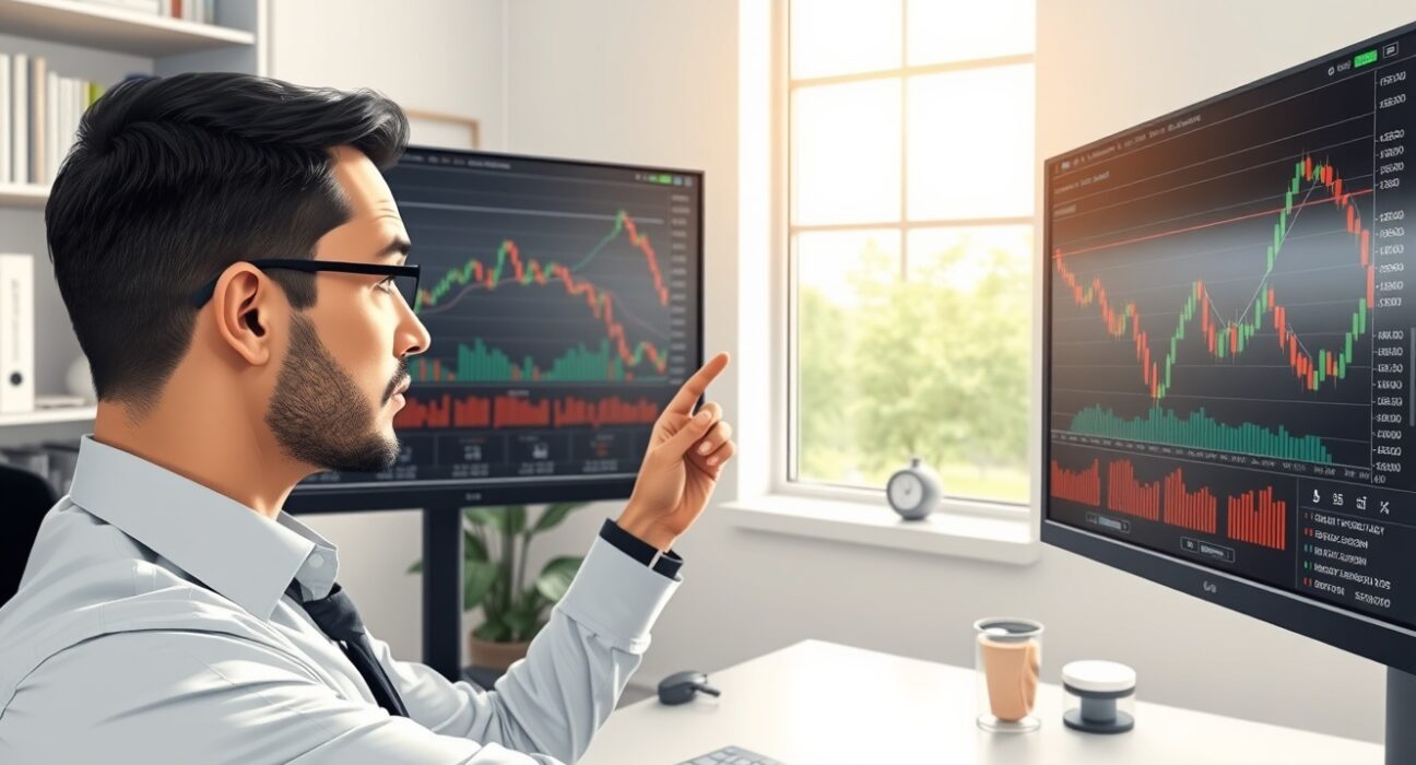 Financial analyst examines cryptocurrency charts showing altcoins near all-time lows in market analysis.