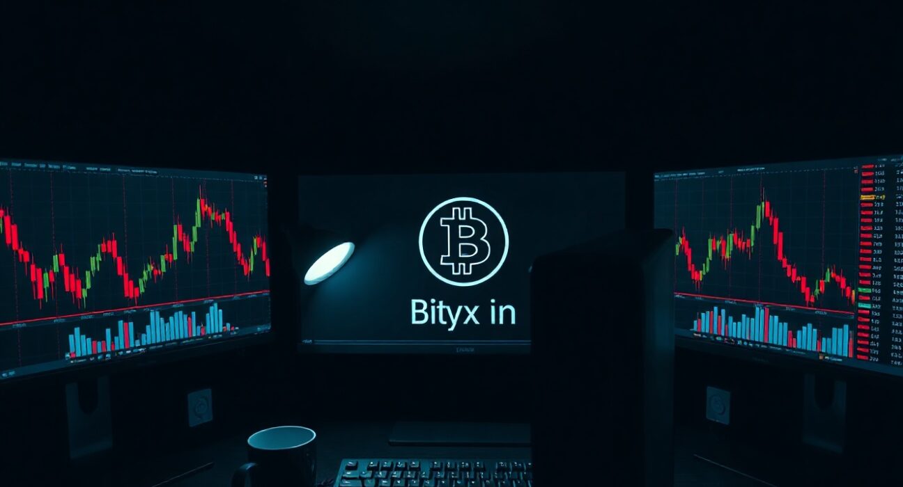 Dimly lit trading desk with monitors showing falling crypto charts and Bitcoin price decline