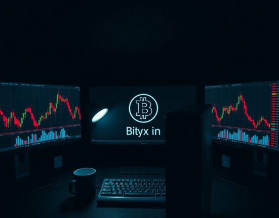 Dimly lit trading desk with monitors showing falling crypto charts and Bitcoin price decline