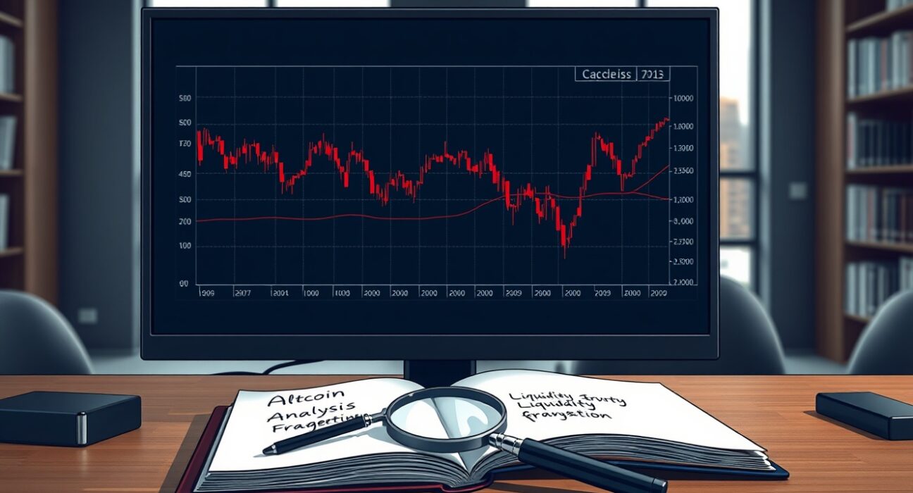 Analyst's desk with cryptocurrency market chart showing altcoin price declines and research notes on selective investment.