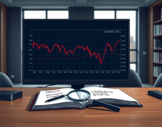 Analyst's desk with cryptocurrency market chart showing altcoin price declines and research notes on selective investment.