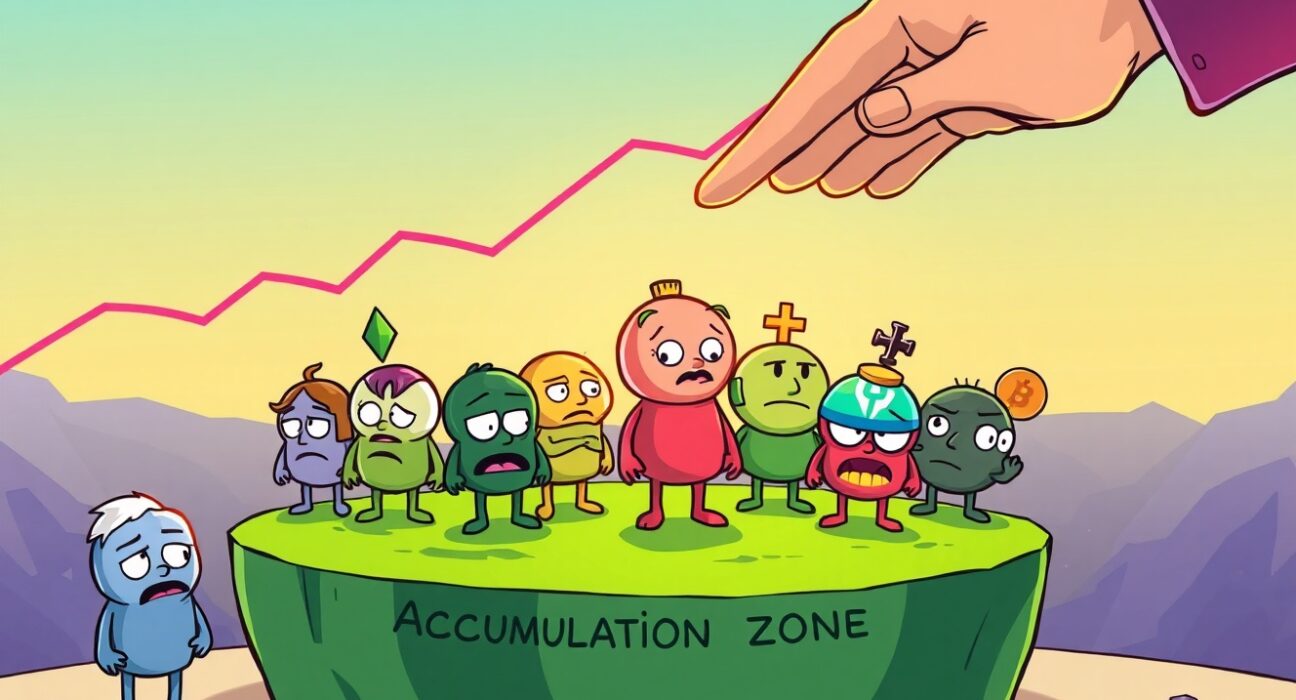 Cartoon illustration showing altcoins oversold, resting in an accumulation zone, signaling a potential market reversal.