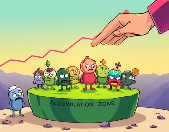 Cartoon illustration showing altcoins oversold, resting in an accumulation zone, signaling a potential market reversal.
