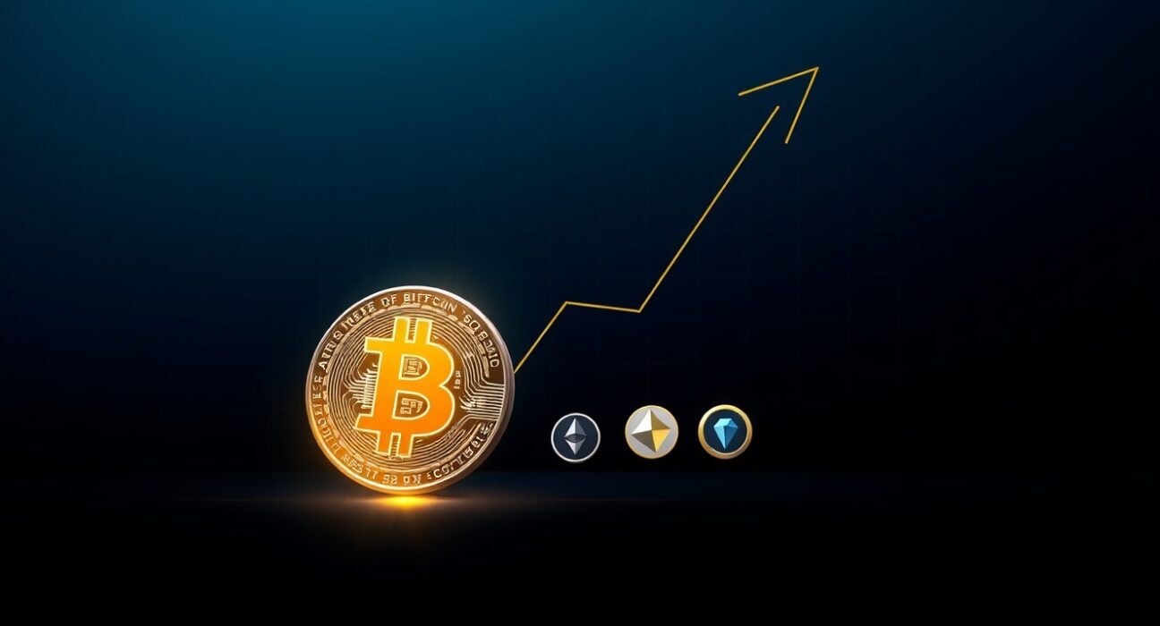 Altcoins surge potential illustrated with Bitcoin coin and rising altcoin logos on a dark financial chart background.