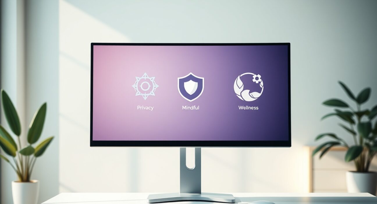 A modern desk setup with a monitor displaying logos of alternative browsers including AI and privacy-focused options.