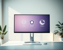 A modern desk setup with a monitor displaying logos of alternative browsers including AI and privacy-focused options.
