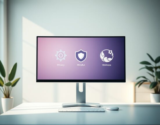 A modern desk setup with a monitor displaying logos of alternative browsers including AI and privacy-focused options.