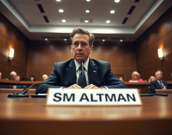 Sam Altman testifying in court during the Elon Musk OpenAI lawsuit