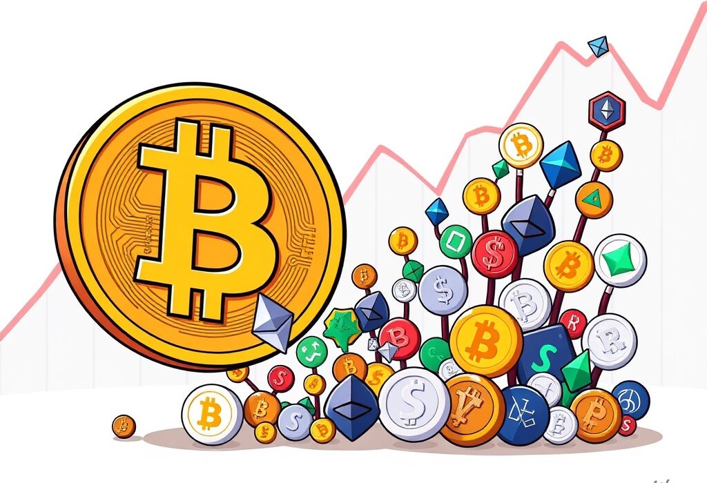 Cartoon illustration showing altcoins rising as Bitcoin's market dominance falls, signaling an altseason.