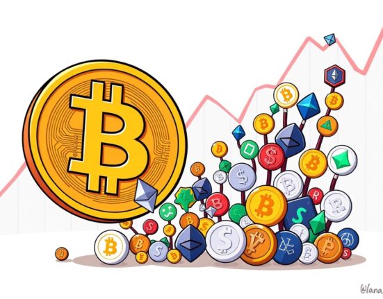 Cartoon illustration showing altcoins rising as Bitcoin's market dominance falls, signaling an altseason.
