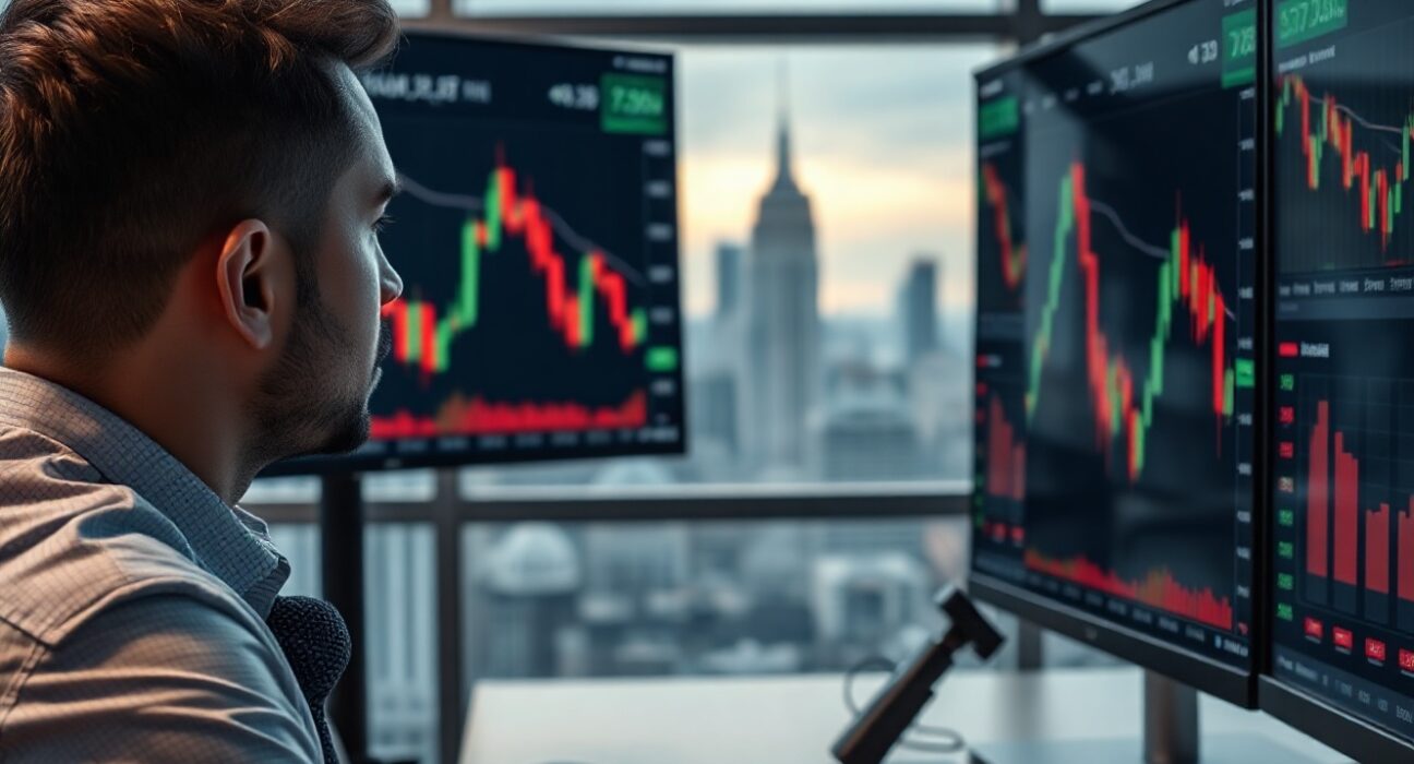 Trader analyzing cryptocurrency charts on multiple monitors in a modern office, reflecting market downturn and liquidity shift.