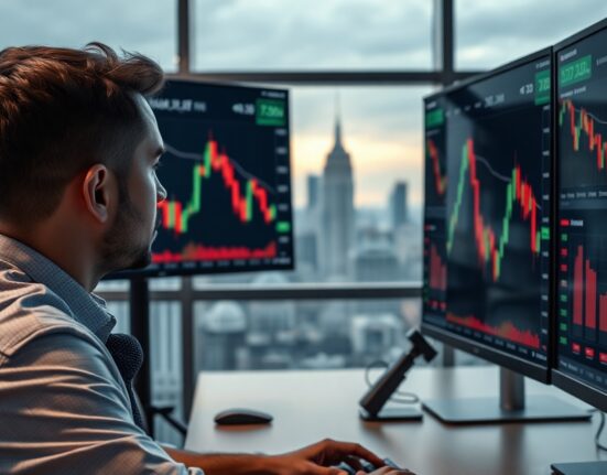 Trader analyzing cryptocurrency charts on multiple monitors in a modern office, reflecting market downturn and liquidity shift.
