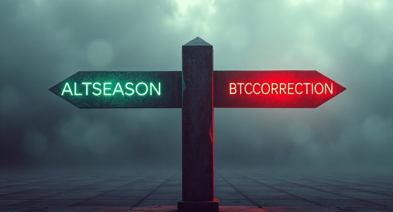 A stone signpost with glowing neon arms pointing to 'ALTSEASON' and 'BTC CORRECTION' in a dark, digital landscape.