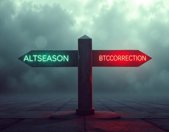 A stone signpost with glowing neon arms pointing to 'ALTSEASON' and 'BTC CORRECTION' in a dark, digital landscape.