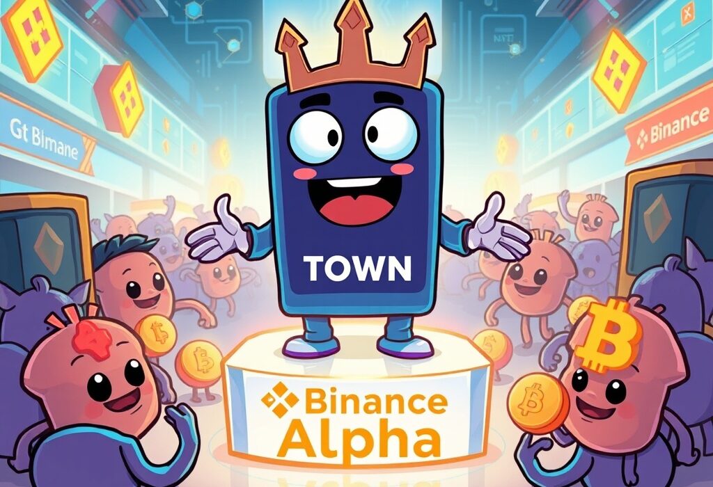 Cartoon illustration showing the Alttown listing on Binance Alpha, symbolizing new opportunities for early-stage crypto projects.