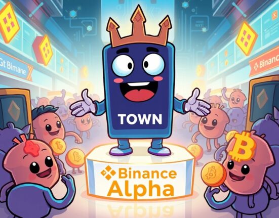 Cartoon illustration showing the Alttown listing on Binance Alpha, symbolizing new opportunities for early-stage crypto projects.