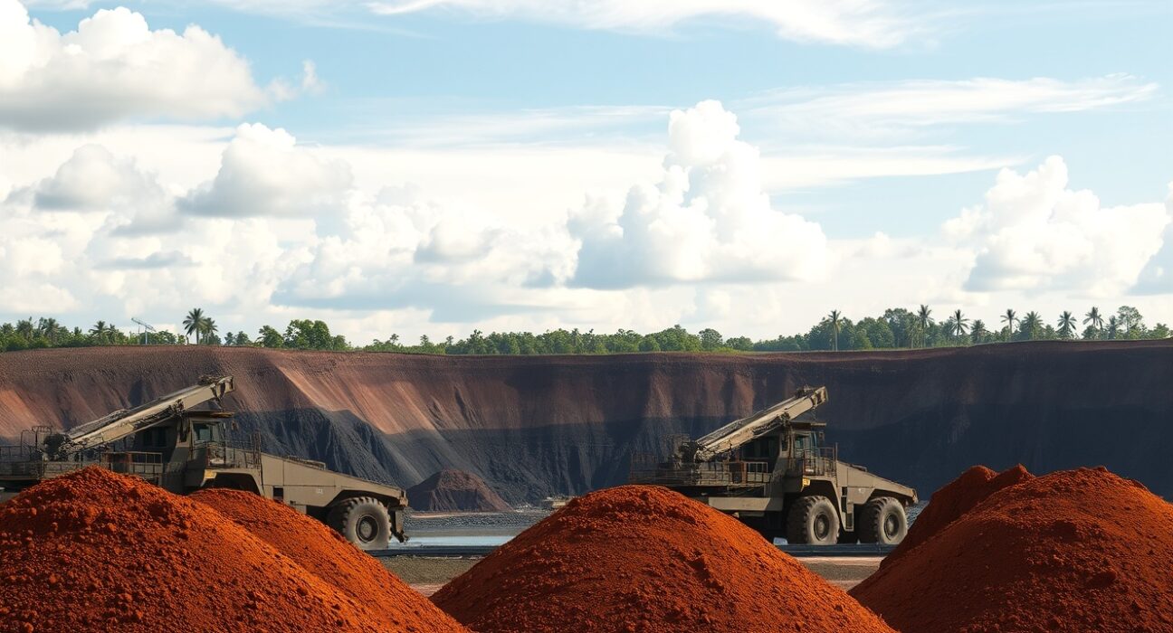 Open-pit bauxite mine with heavy machinery and ore stockpiles under a cloudy sky
