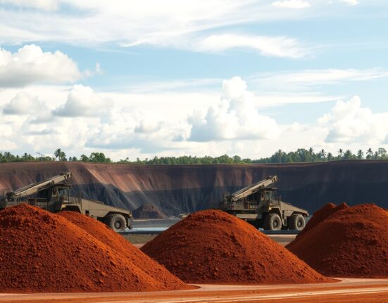 Open-pit bauxite mine with heavy machinery and ore stockpiles under a cloudy sky