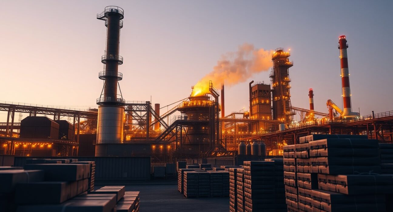 Industrial aluminium smelter at dusk with glowing furnaces and ingot stacks.