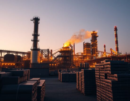 Industrial aluminium smelter at dusk with glowing furnaces and ingot stacks.