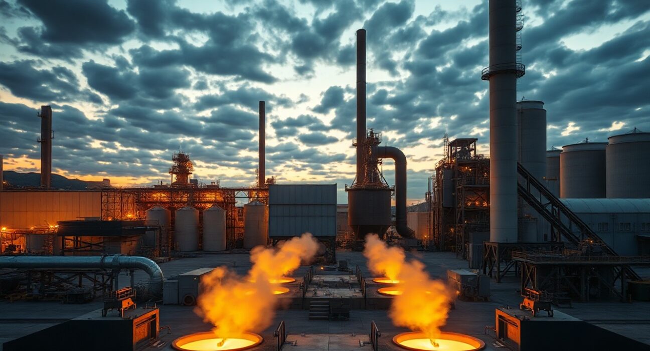 Aluminium smelter at dusk with molten metal and industrial infrastructure