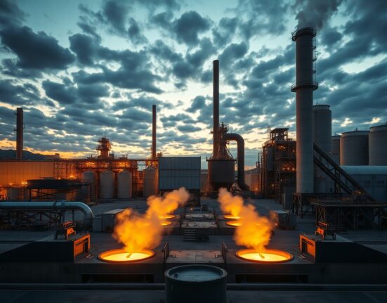 Aluminium smelter at dusk with molten metal and industrial infrastructure